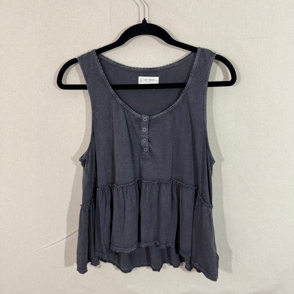 Lucky Brand Womens Grey Henley Peplum Tank Top Ruffle Hem Sleeveless Size M